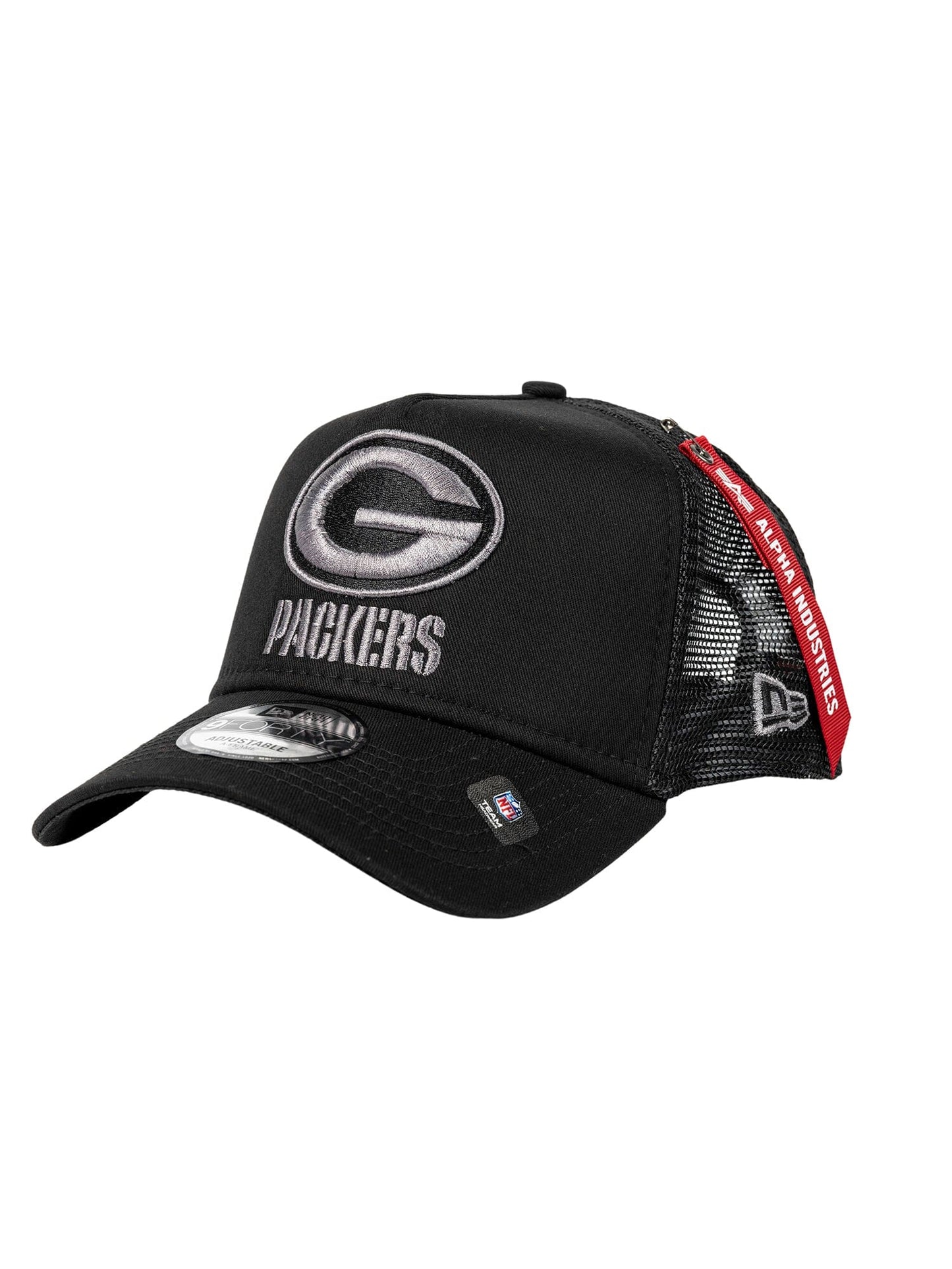 The Green Bay Packers x Alpha x New Era 940 Cap by Alpha Industries / NE-NFL comes in black and features a mesh back with the Green Bay Packers team logo prominently displayed on the front.
