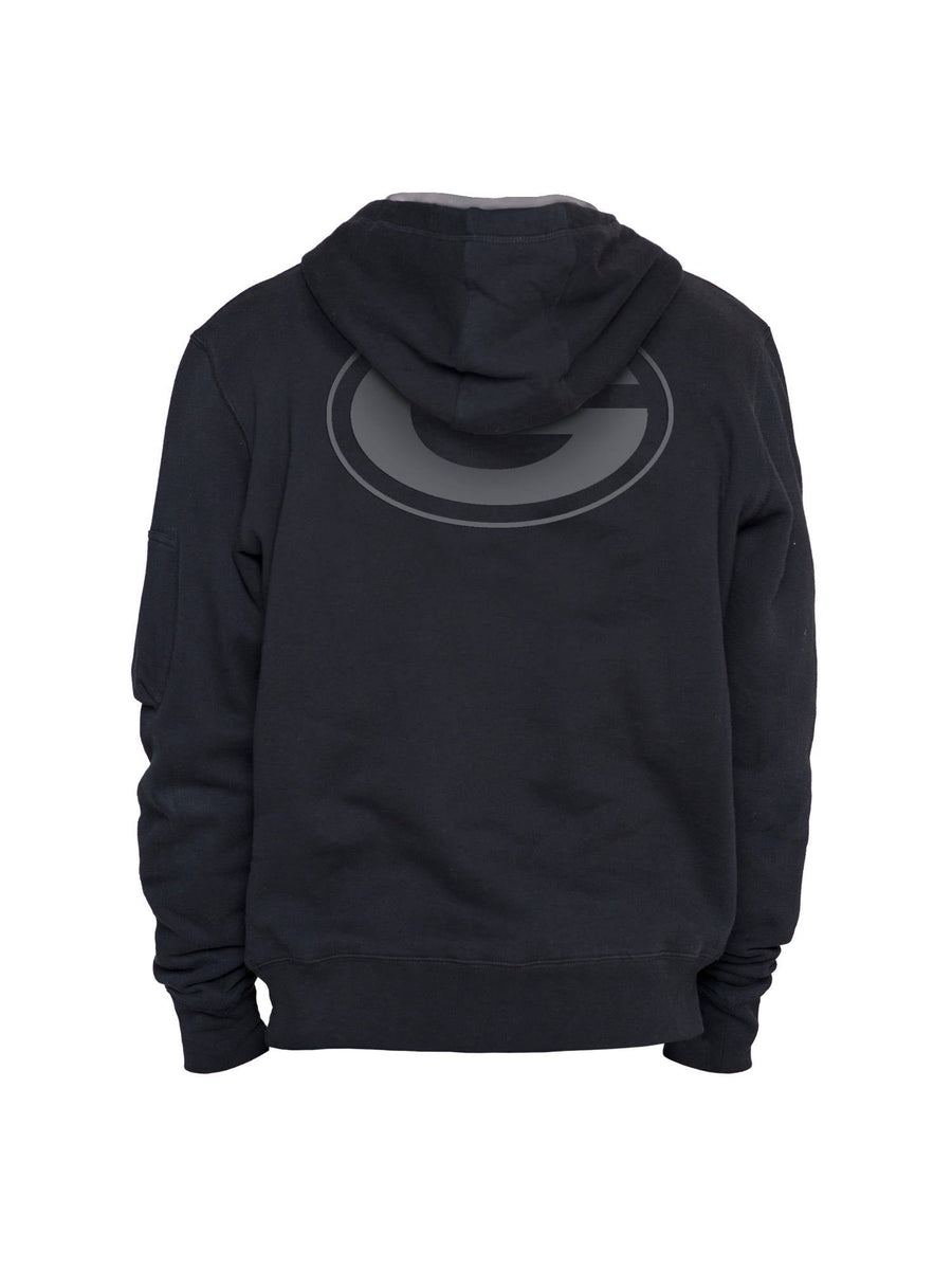 Green Bay Packers x Alpha Industries x New Era Hoodie in Black, Showcasing a Large G Logo on the Back.