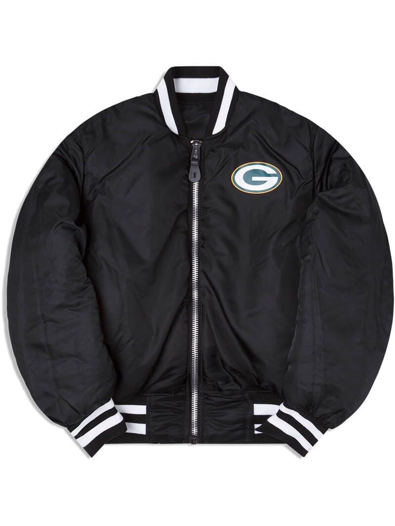 Introducing the Green Bay Packers x Alpha Industries x New Era MA-1 Bomber Jacket, a sleek piece featuring a prominent Green Bay Packers logo on the chest. This stylish bomber is designed with classic white and black striped cuffs and collar, making it a standout that seamlessly blends style with team pride.