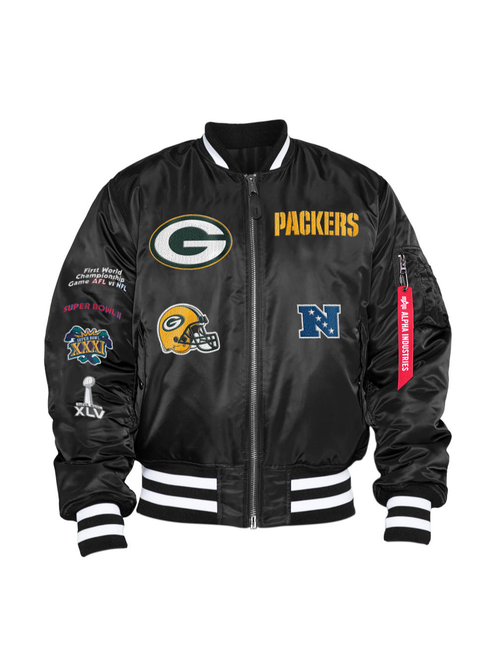 The Green Bay Packers X Alpha X New Era MA-1 Bomber Jacket from Alpha Industries, in black, showcases Packers and Green Bay logos with Super Bowl patches on the sleeves. Complete with white striped cuffs and collar, this bomber jacket is a stylish embodiment of team pride.