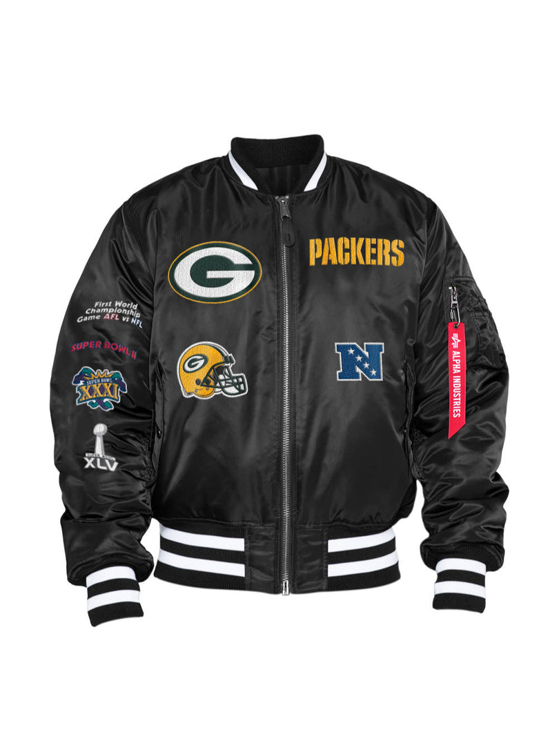 The Green Bay Packers X Alpha X New Era MA-1 Bomber Jacket from Alpha Industries, in black, showcases Packers and Green Bay logos with Super Bowl patches on the sleeves. Complete with white striped cuffs and collar, this bomber jacket is a stylish embodiment of team pride.