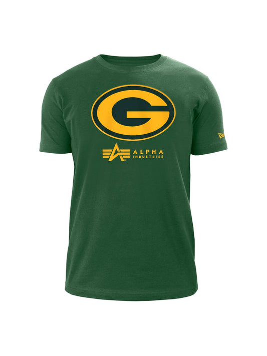 The Green Bay Packers X Alpha X New Era T-Shirt from Alpha Industries and NE-NFL showcases a vibrant screen-printed design with a large gold team logo, complemented by the brand name text below on a green base.
