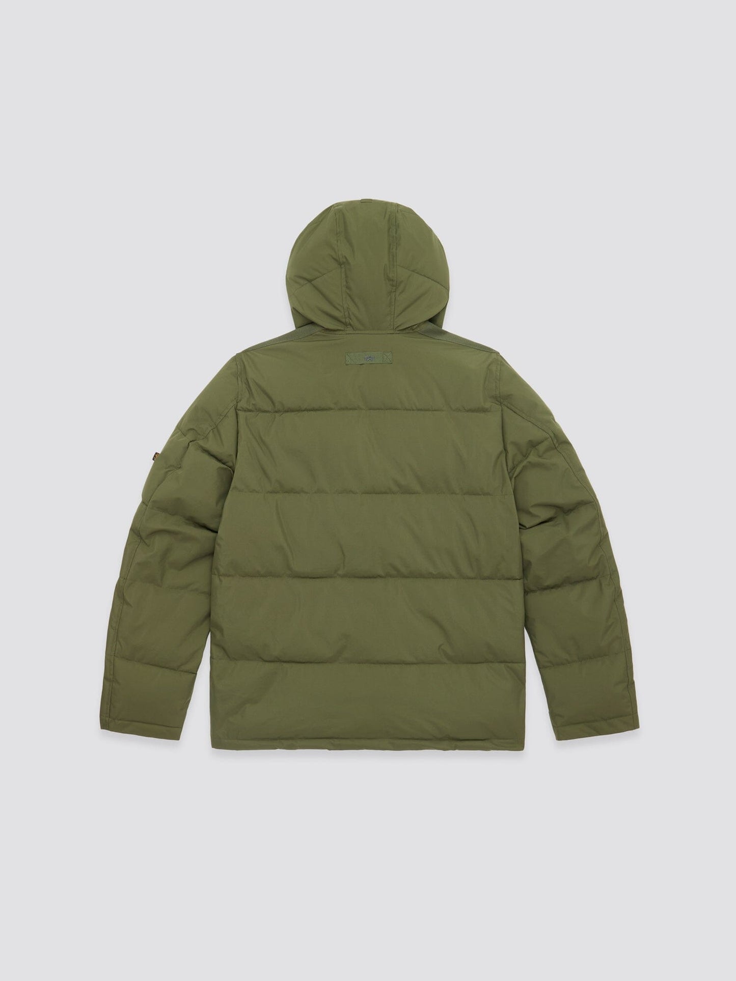 Back view of the Hooded Puffer Jacket in olive green nylon, featuring an insulated hood by Alpha Industries, Inc.