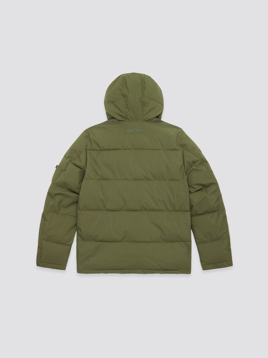 Back view of the Hooded Puffer Jacket in olive green nylon, featuring an insulated hood by Alpha Industries, Inc.