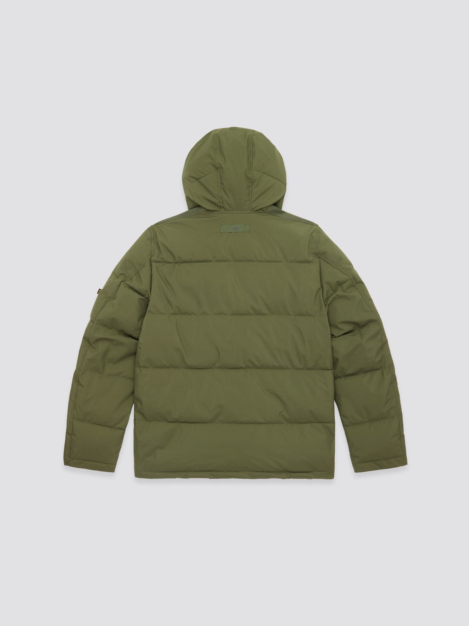 Back view of the Hooded Puffer Jacket in olive green nylon, featuring an insulated hood by Alpha Industries, Inc.
