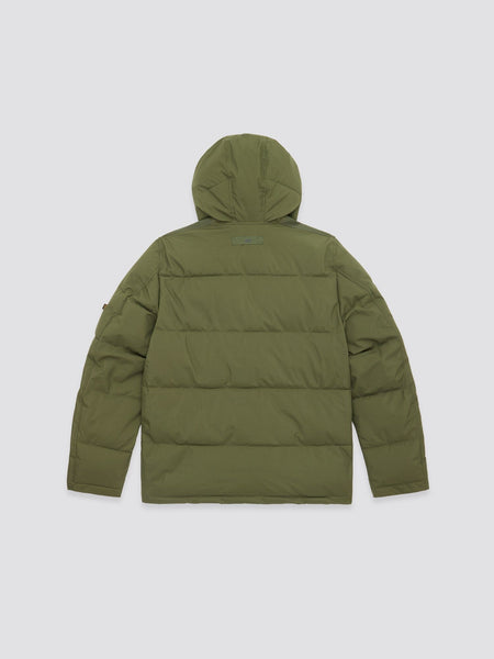 Back view of the Hooded Puffer Jacket in olive green nylon, featuring an insulated hood by Alpha Industries, Inc.