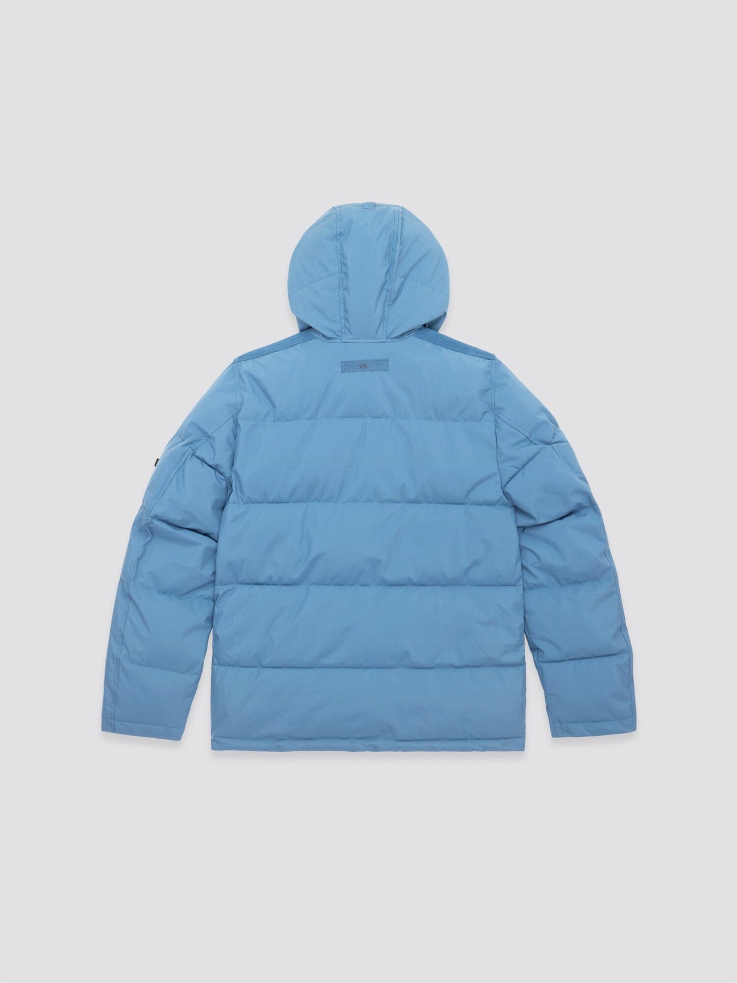 Hooded Puffer Jacket by Alpha Industries, Inc., featuring a blue nylon design with an insulated hood, displayed from the back.