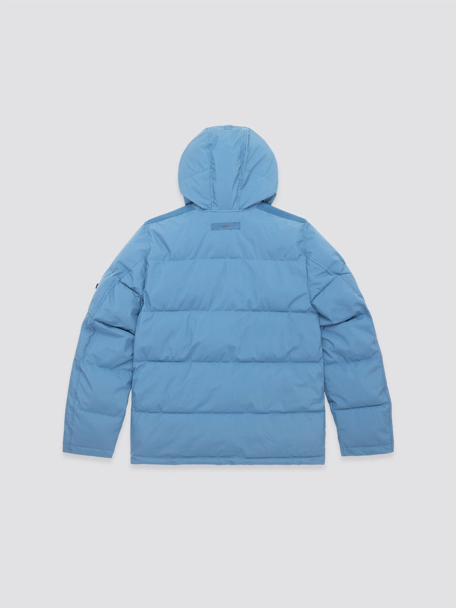 Hooded Puffer Jacket by Alpha Industries, Inc., featuring a blue nylon design with an insulated hood, displayed from the back.