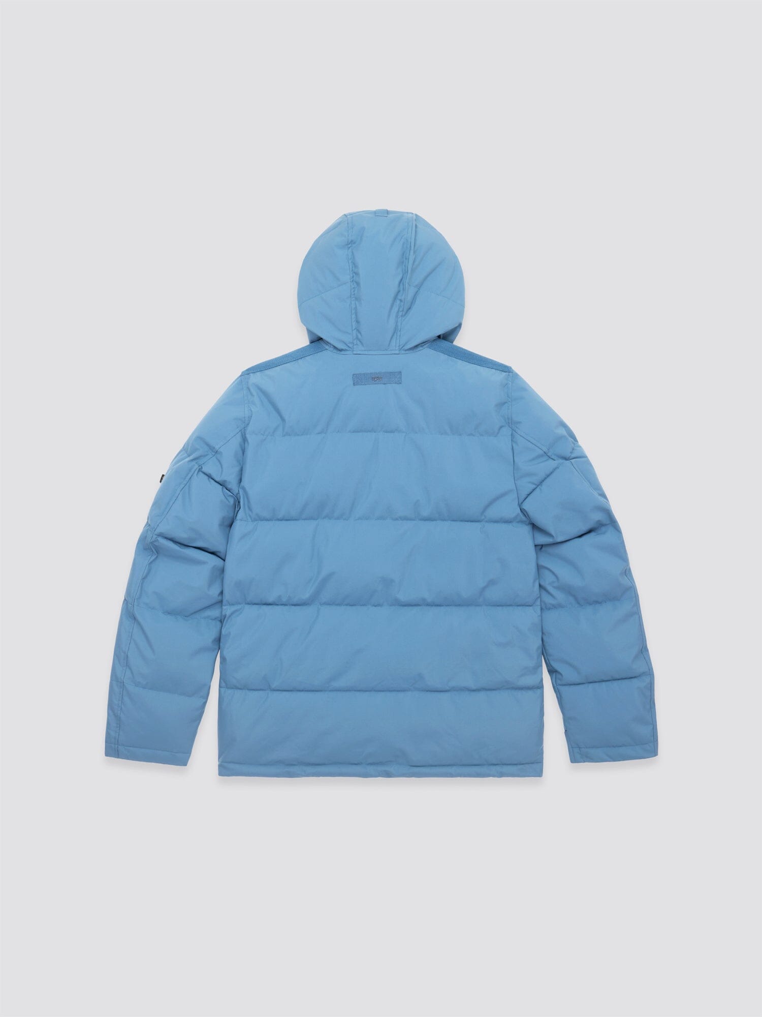 Hooded Puffer Jacket by Alpha Industries, Inc., featuring a blue nylon design with an insulated hood, displayed from the back.