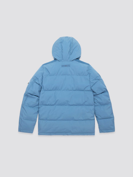 Hooded Puffer Jacket by Alpha Industries, Inc., featuring a blue nylon design with an insulated hood, displayed from the back.