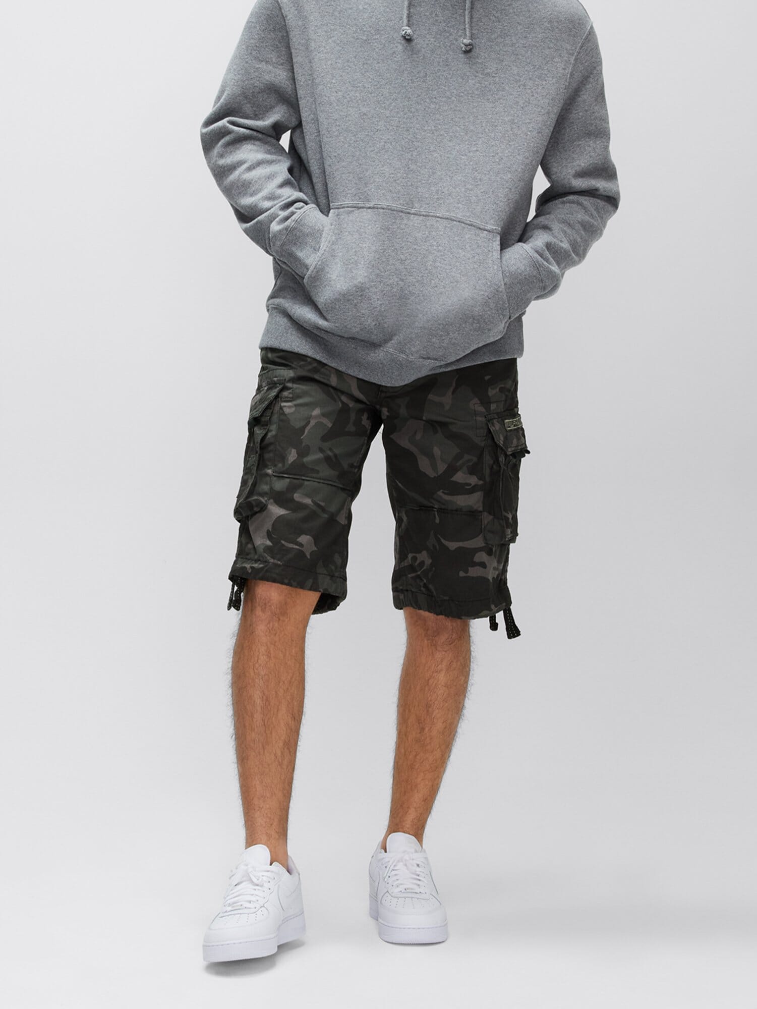 Alpha Industries Jet Short Camo Cargo Shorts in Black Camo, Gray Cotton Hoodie.