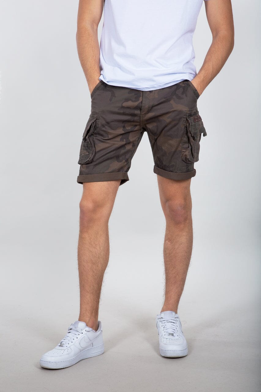 Alpha Industries Jet Short Camo Cargo Shorts in Olive Camo, White Cotton T-Shirt, White Sneakers.