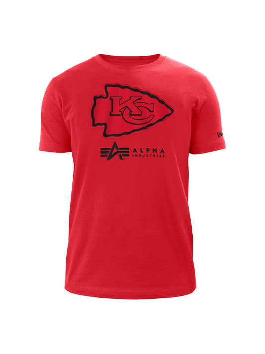 A red Kansas City Chiefs x Alpha x New Era t-shirt showcasing the Kansas City Chiefs team logo in twill applique on the front, adorned with branding from Alpha Industries / NE-NFL.