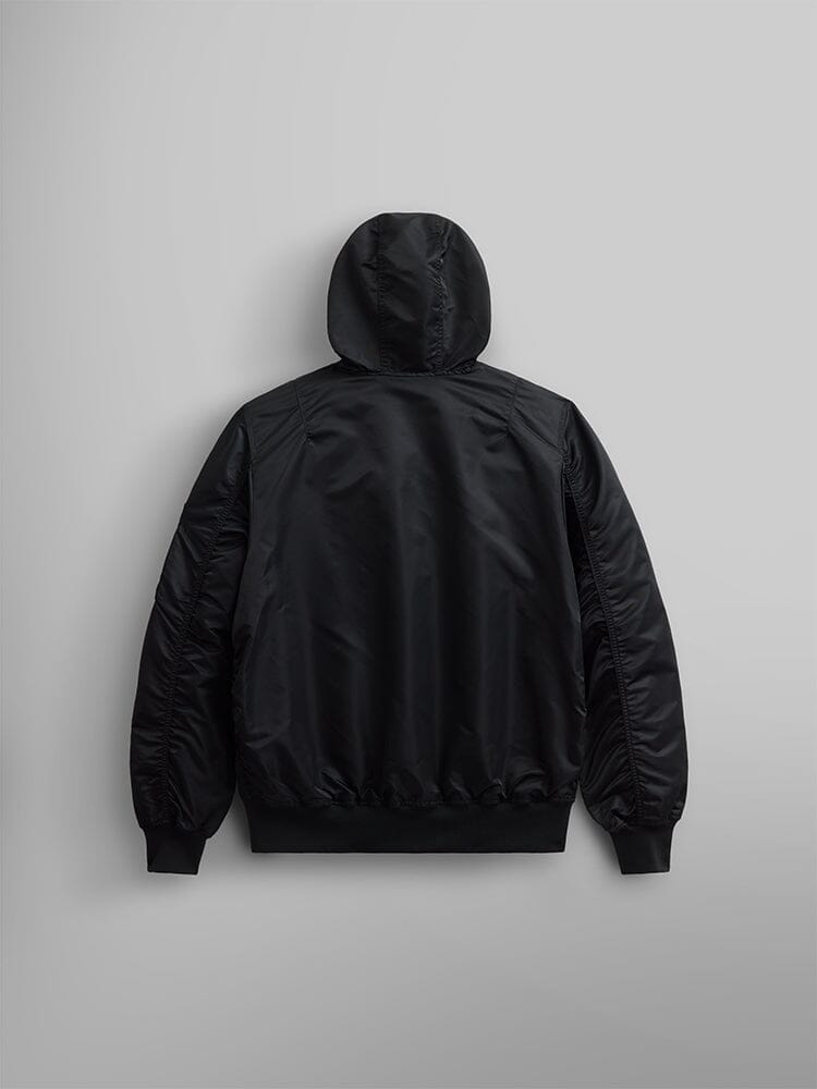 The L-2B Hooded Gen II Bomber Jacket from Alpha Industries, Inc. is displayed from the back, accentuating its sleek design. Made with water-resistant nylon, it seamlessly blends functionality with style.