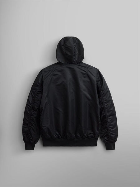 A black L-2B Hooded Gen II Bomber Jacket by Alpha Industries, Inc., featuring a minimalist design, is displayed from the back.