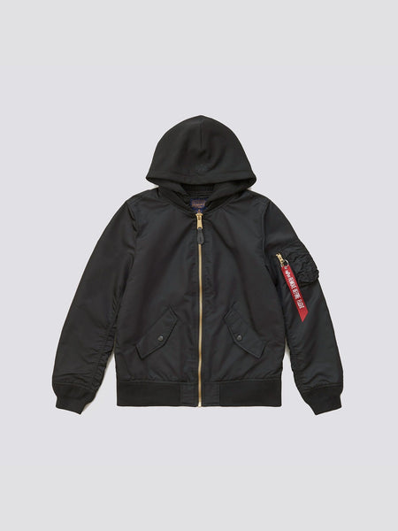 Alpha Industries L-2B Natus W Bomber Jacket, black, zip-up flight jacket with removable hood, front pockets, MA-1 red tag on left sleeve.