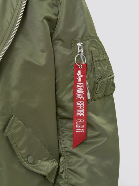 Alpha Industries L-2B Natus W Bomber Jacket, olive green, water-resistant fabric, sleeve zippered pocket, MA-1 red Remove Before Flight tag on zipper pull.