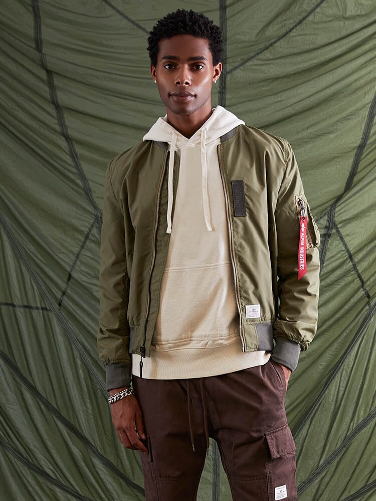 Alpha Industries L-2B Skymaster Gen II Bomber Jacket, khaki, nylon, zip closure.