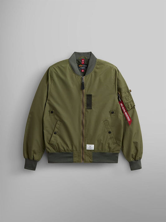 Alpha Industries L-2B Skymaster Gen II Bomber Jacket, OG-107 Green, lightweight nylon, front zipper, ribbed cuffs and hem, sleeve pocket with oxygen tab detail, red Remove Before Flight tag.