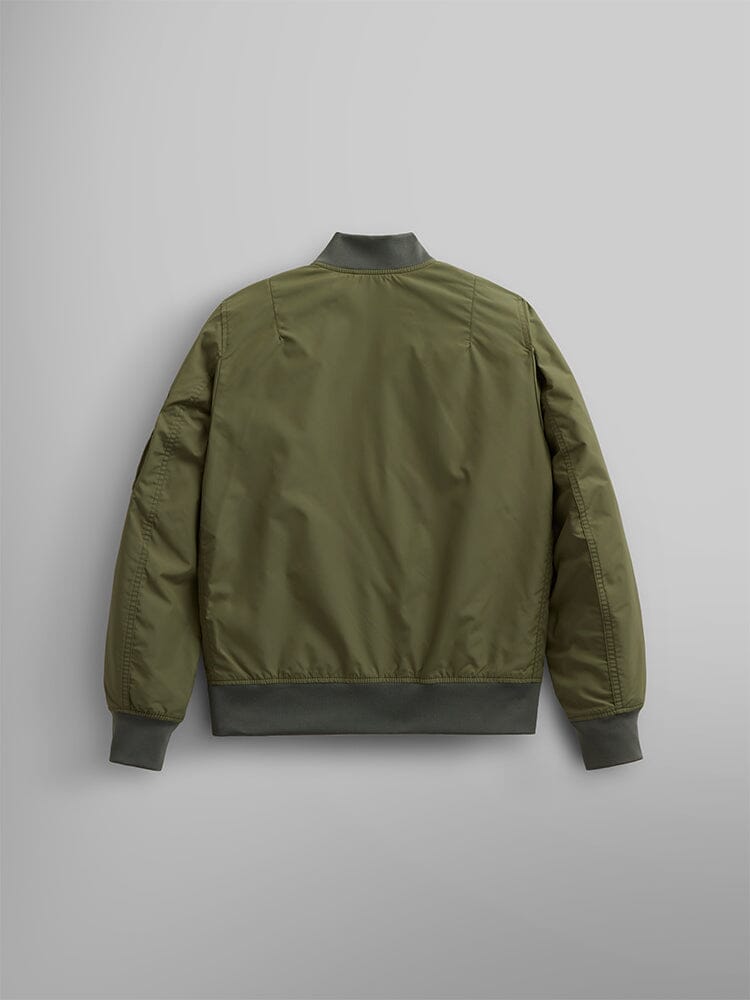 The L-2B Skymaster Gen II Bomber Jacket W by Alpha Industries, Inc. is displayed from the back, highlighting its lightweight nylon construction with ribbed cuffs and waistband. This green jacket seamlessly blends style and utility with its water-resistant design and oxygen tab details.