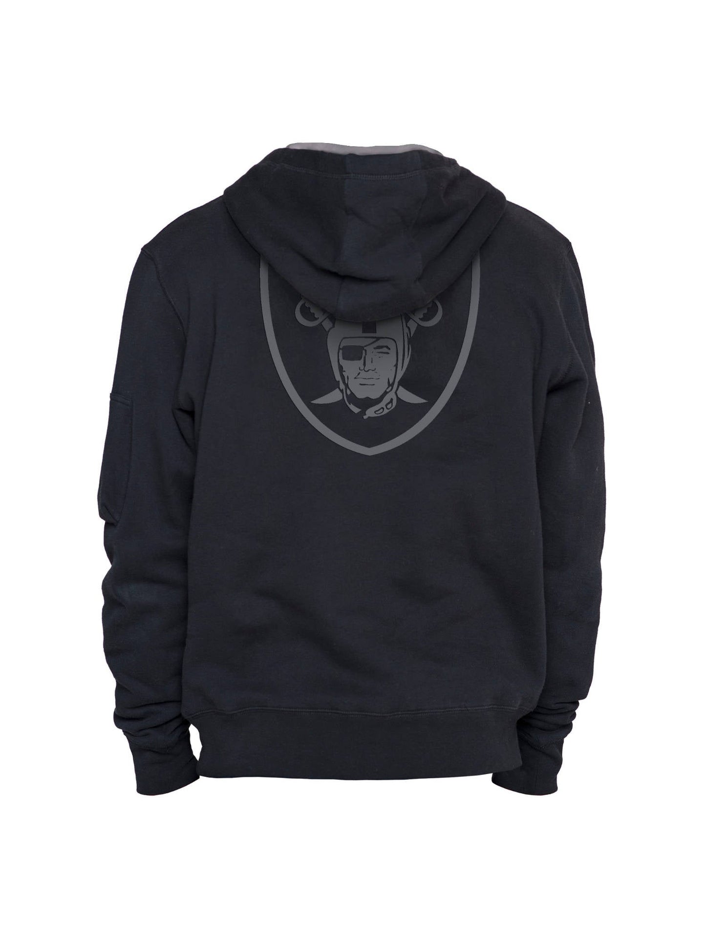 The Las Vegas Raiders X Alpha X New Era Hoodie in black showcases an embroidered Raiders team logo on the back and is highlighted with a New Era Flight tag for extra style, brought to you by Alpha Industries and NE-NFL.