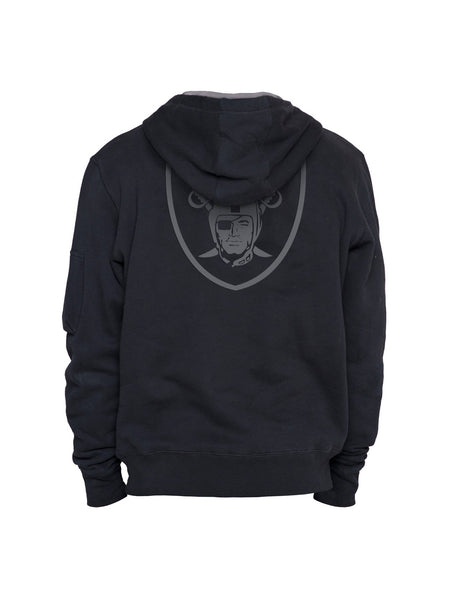 The Las Vegas Raiders X Alpha X New Era Hoodie in black showcases an embroidered Raiders team logo on the back and is highlighted with a New Era Flight tag for extra style, brought to you by Alpha Industries and NE-NFL.