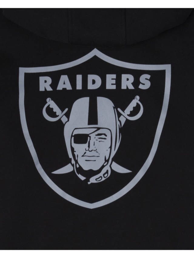 A black fabric with an embroidered Raiders team logo featuring a helmeted figure and crossed swords behind, similar to the Las Vegas Raiders X Alpha Industries X New Era Hoodie (Black) from Alpha Industries.