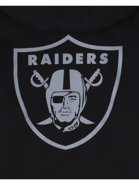 A black fabric with an embroidered Raiders team logo featuring a helmeted figure and crossed swords behind, similar to the Las Vegas Raiders X Alpha Industries X New Era Hoodie (Black) from Alpha Industries.