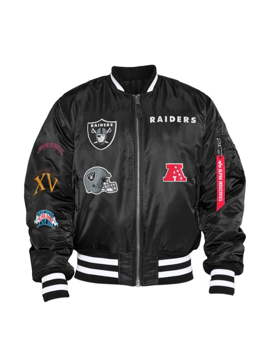 Introducing the Las Vegas Raiders X Alpha X New Era MA-1 Bomber Jacket in Black by Alpha Industries and NE-NFL, featuring NFL team patches along with AFC and Super Bowl badges for a water-resistant finish.