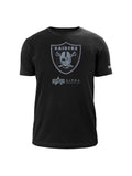 Mid-weight jersey black T-shirt showcasing the Las Vegas Raiders logo in twill applique and Alpha Industries text on the front, from Alpha Industries.