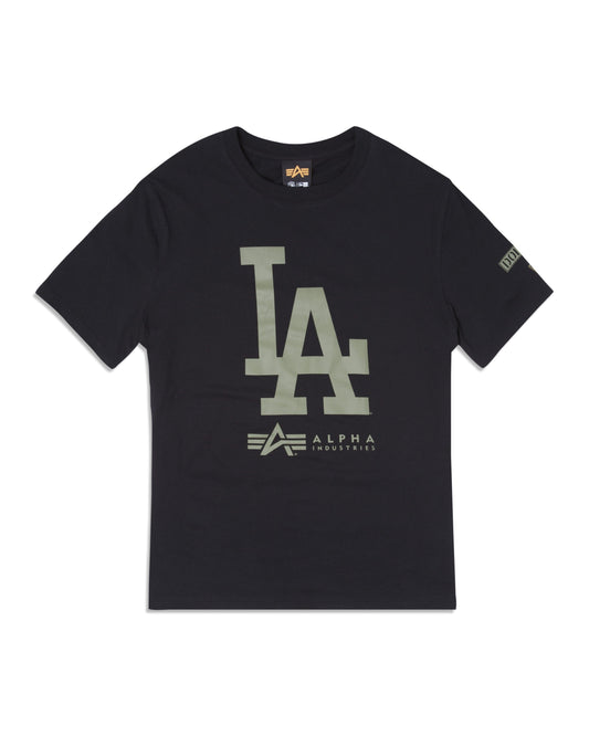 Los Angeles Dodgers X Alpha X New Era T-Shirt, Alpha Industries, black, LA twill applique, Alpha Industries branding below, small sleeve logo, MA-1.