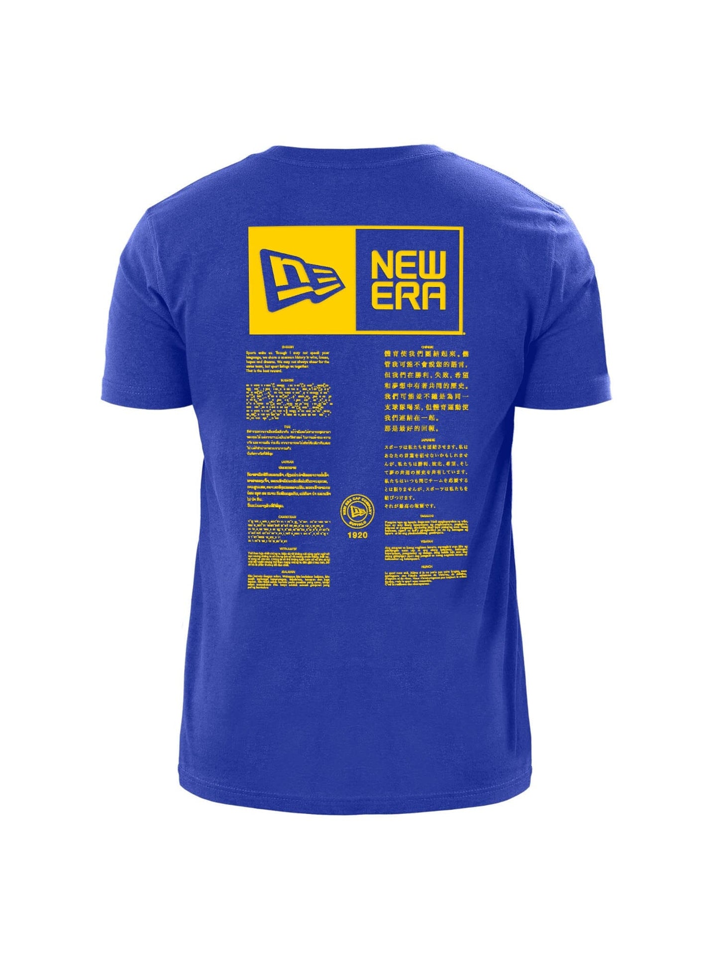 A Los Angeles Rams x Alpha Industries x New Era T-shirt in blue, featuring a yellow New Era graphic and twill applique text on the back with the team logo and various details.