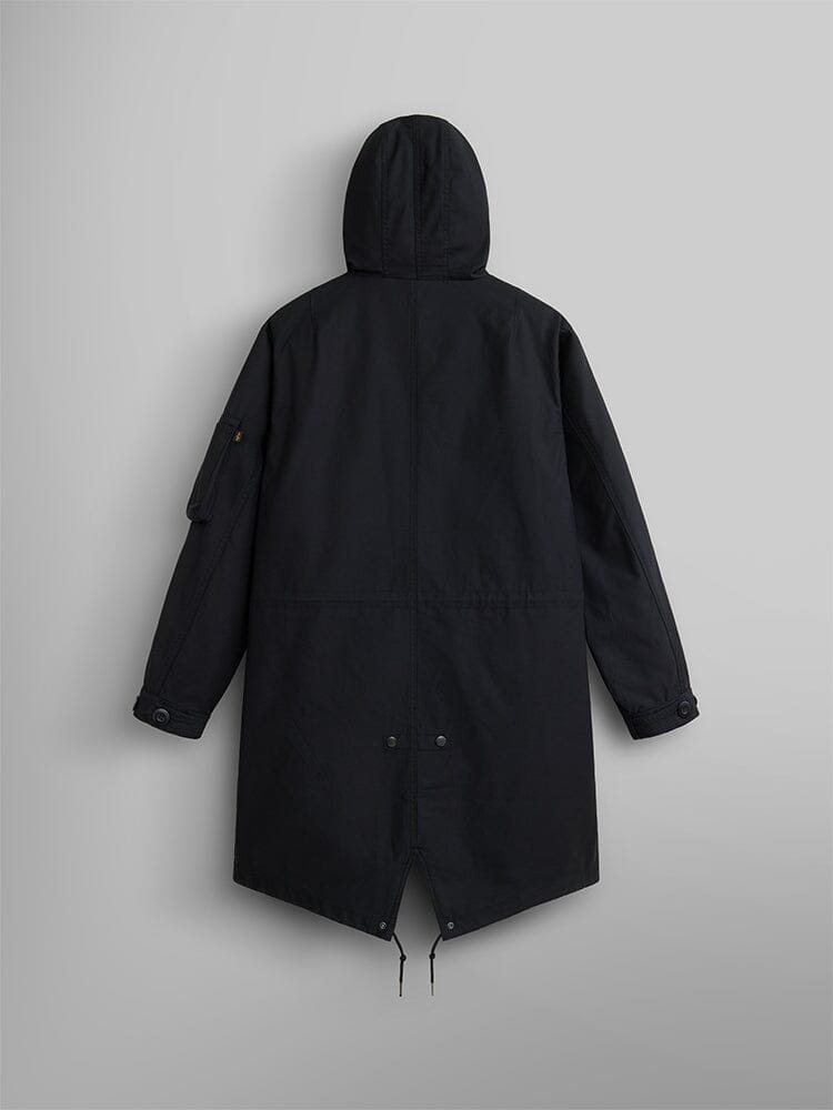 Alpha Industries M-59 Fishtail Mod Parka, black, with moldable wire hood and quilted fishtail liner.