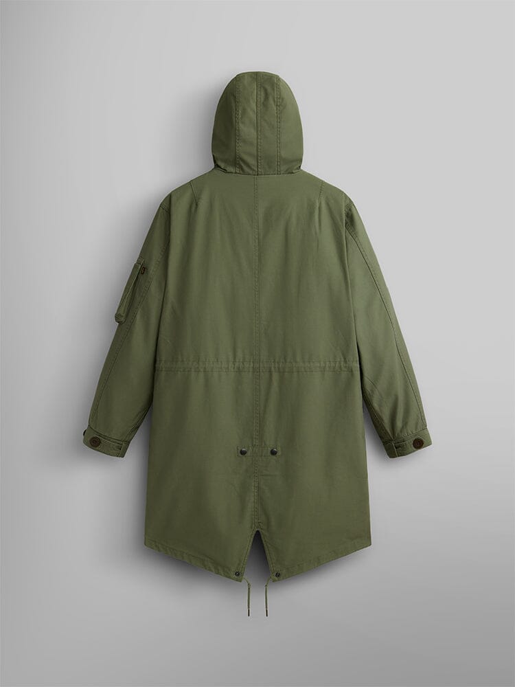Alpha Industries M-59 Fishtail Mod Parka, olive green, long sleeves, drawstring waist, fishtail hem, wire-reinforced hood.