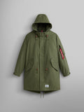 Alpha Industries M-59 Fishtail Mod Parka, M-65 Olive, quilted fishtail liner, front flap pockets, drawstring waist and hem, moldable wire hood, red tag on left arm.