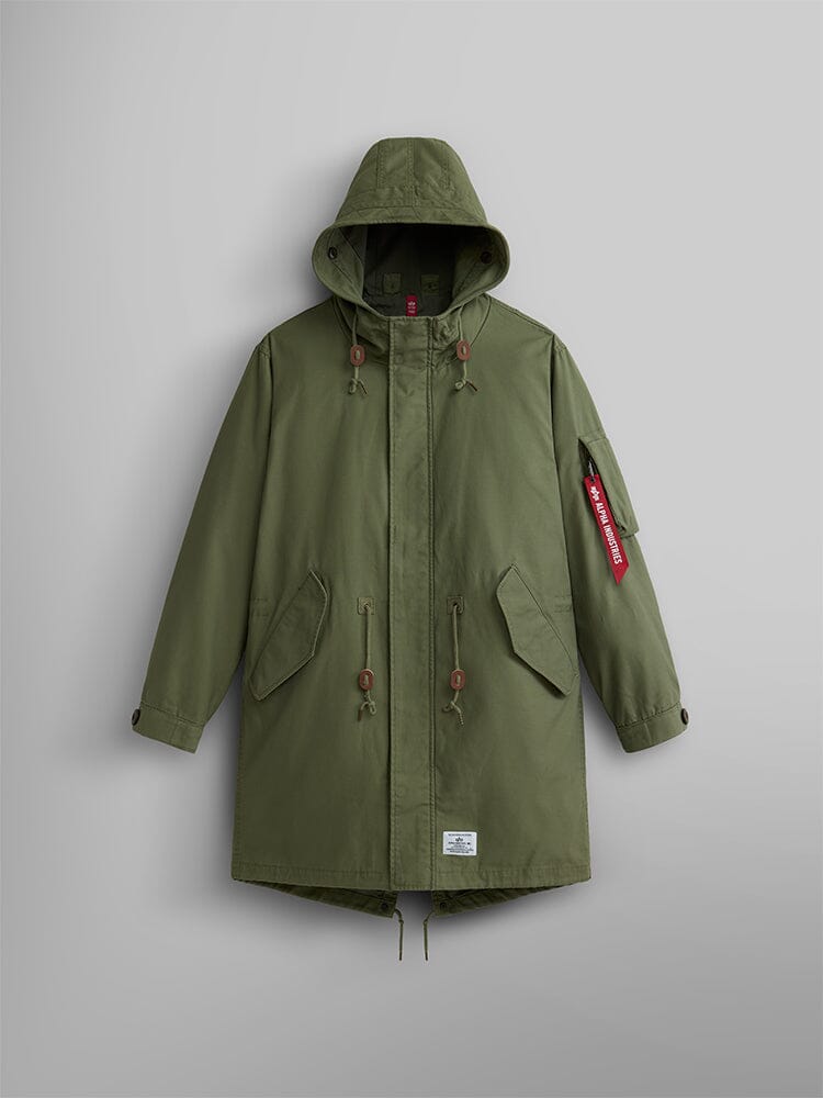 Alpha Industries M-59 Fishtail Mod Parka, M-65 Olive, quilted fishtail liner, front flap pockets, drawstring waist and hem, moldable wire hood, red tag on left arm.
