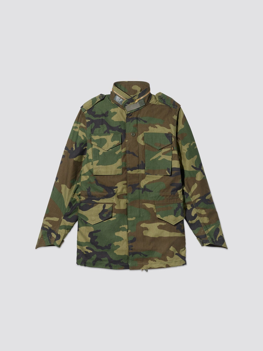 Alpha Industries M-65 Field Jacket, camouflage, long sleeve, button-up front, front pockets, epaulets, collar.