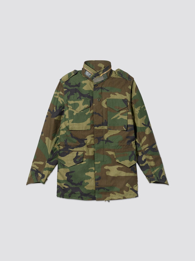 Alpha Industries M-65 Field Jacket, camouflage, long sleeve, button-up front, front pockets, epaulets, collar.
