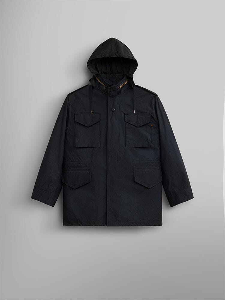 Alpha Industries M-65 Field Jacket, black, hooded utility design with four front pockets and button closures.