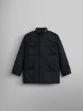 Alpha Industries M-65 Field Jacket in black with four front pockets, high collar, and buttoned shoulder epaulettes.