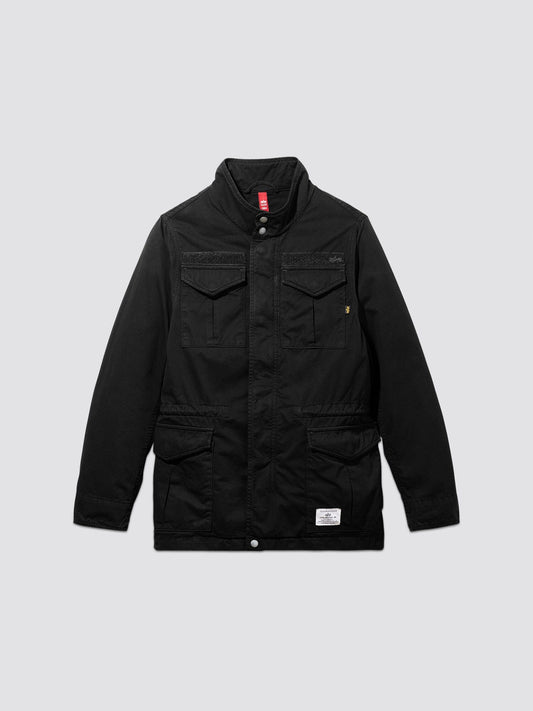 Alpha Industries M-65 Mod Lightweight Field Jacket W, Black, 100% cotton shell, four front pockets, high collar, button and zipper closures, small white label on lower left.