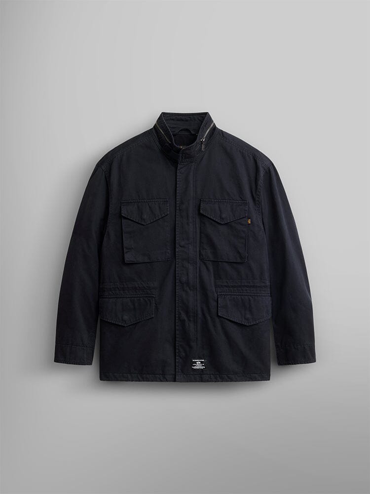 Black M-65 field jacket with a standing collar, covered front fastening and four flap pockets