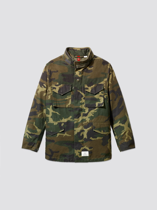 Alpha Industries M-65 Mod Field Jacket, camouflage pattern, four front pockets, stand-up collar, concealed hood.