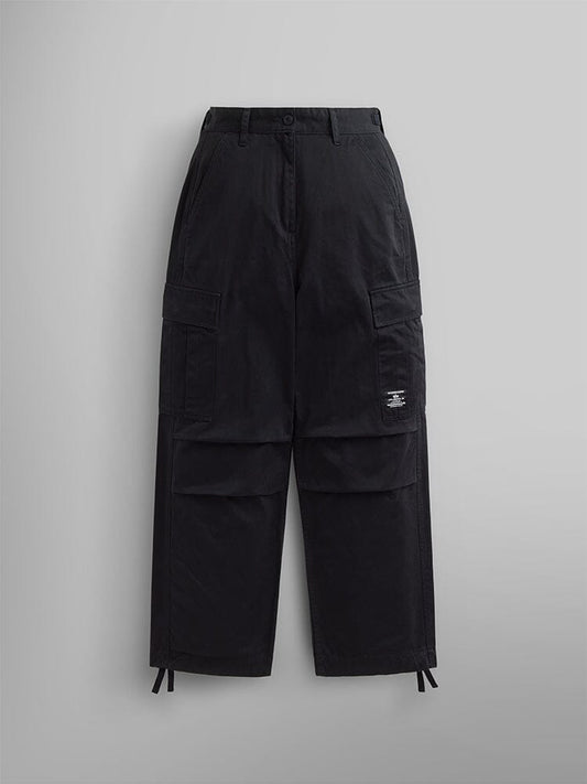 M-65 Cargo Pant Womens by Alpha Industries in Black with wide legs, multiple pockets, and a thigh patch.