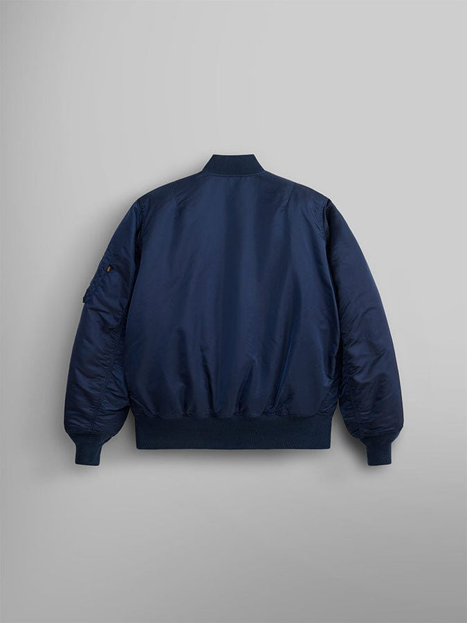 Back view of MA-1 Bomber Jacket (Heritage) in Dark Blue (Replica Blue). By Alpha Industries.