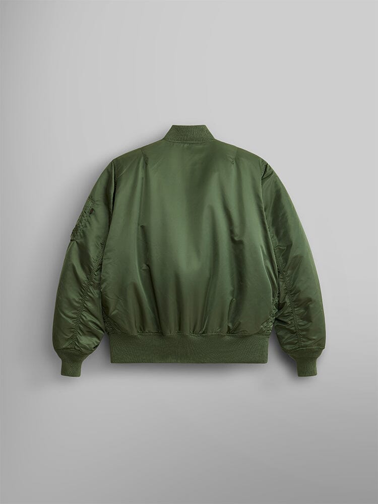 Alpha Industries MA-1 Bomber Jacket in green with ribbed cuffs, waistband, collar, and flight nylon construction.