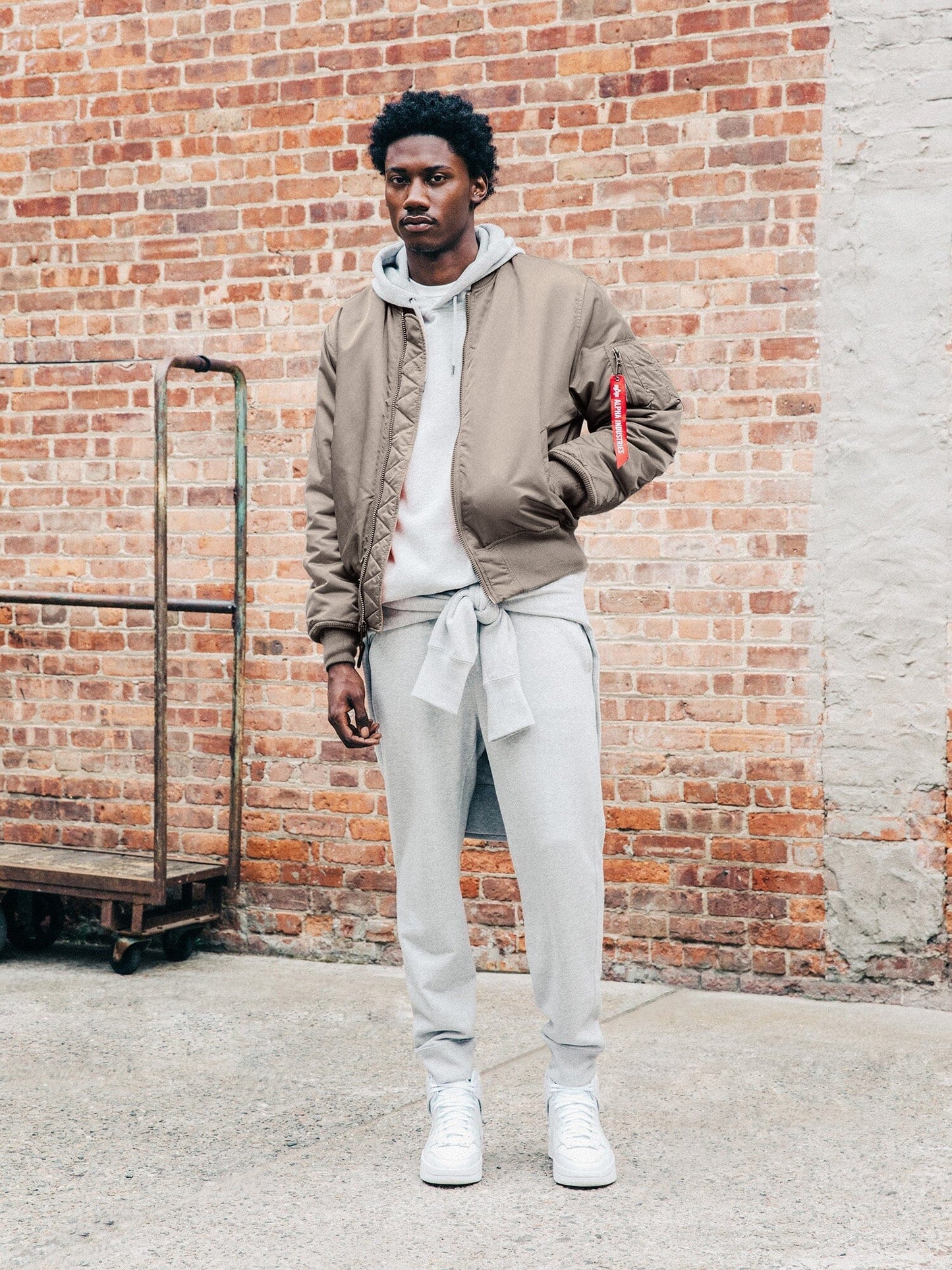 Front view of MA-1 Bomber Jacket (Heritage) in Gray with male model. Full body view. By Alpha Industries.