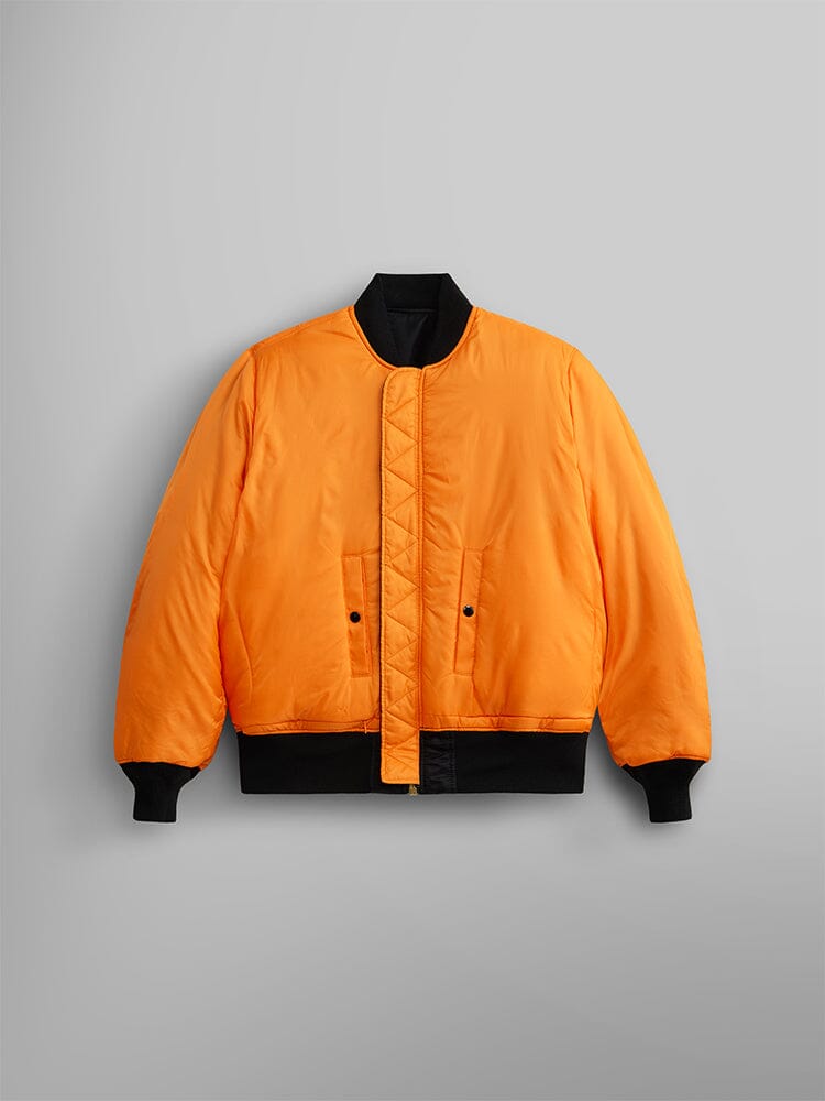 Front view of MA-1 Bomber Jacket (Heritage) in Black. Reversed view (Orange). By Alpha Industries.