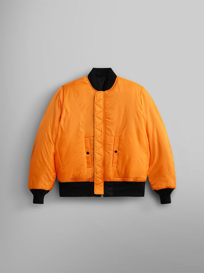 Front view of MA-1 Bomber Jacket (Heritage) in Black. Reversed view (Orange). By Alpha Industries.