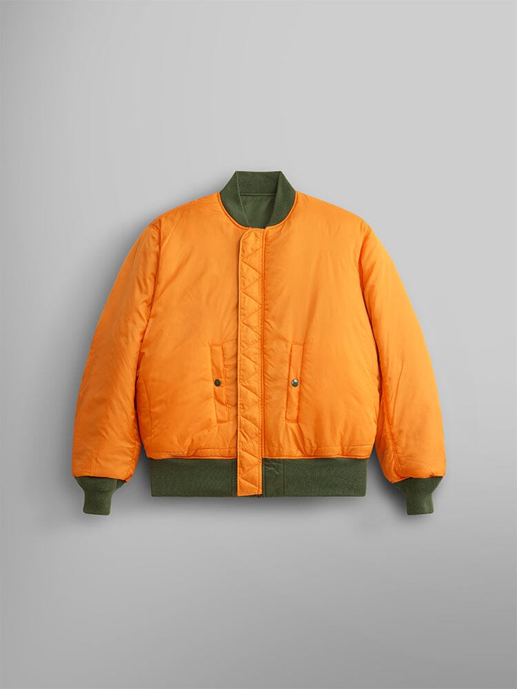 Alpha Industries MA-1 Bomber Jacket is orange flight nylon with green ribbed collar, cuffs, hem, front snap closure, and two pockets.